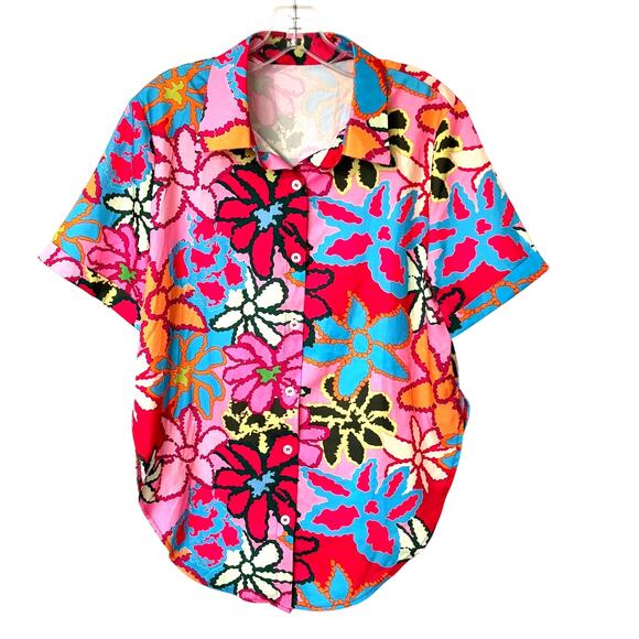 Wms L Vibrant Colorful Floral SS Button Up Tunic Shirt Dopamine Dressing - Picture 1 of 9